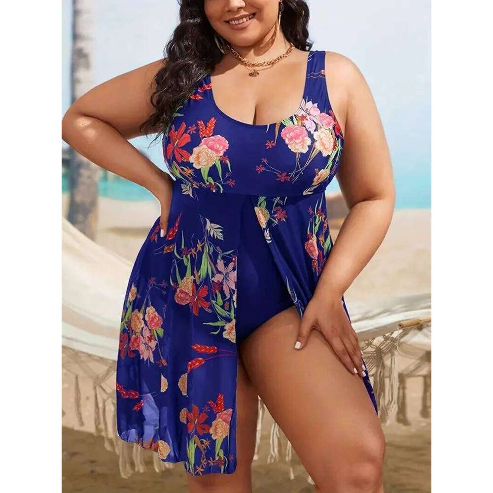 Sexy One Piece Swimsuit Women Mesh Bathing Suit 2025 Plus Size Swimdress Summer Flower Printed Swimwear Beach Wear Mujer XXXXL
