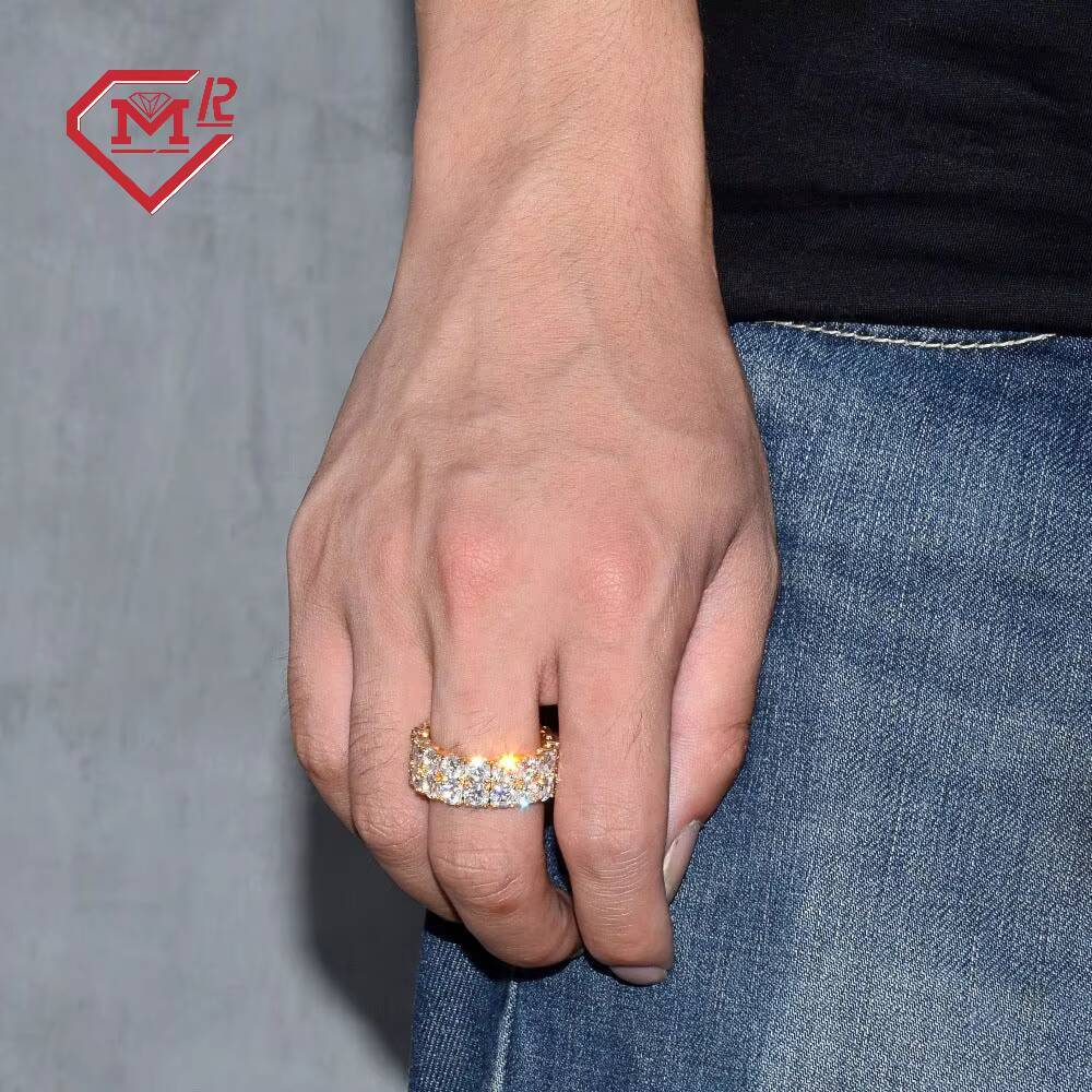 Shining Couples Iced Out Ring Two Rows Tennis Edition 925 Silver Moissanite Mens Ring