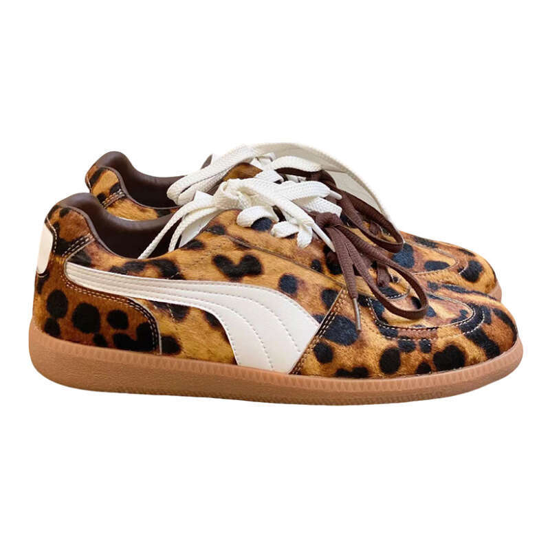 2024 Autumn New Leopard Print Horsehair Double Lace Niche German Training Women Fashion Versatile Casual Shoes Sneakers Trend