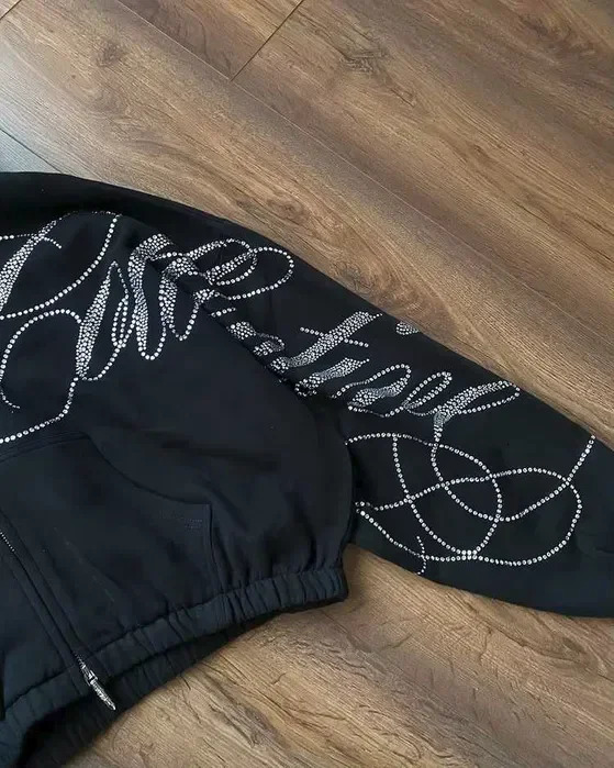 American Retro Cropped Hoodie Y2K Womens Hip Hop Letters Rhinestone Sequins Oversized Zipper Hoodie Sweatshirt Casual Jacket 250820