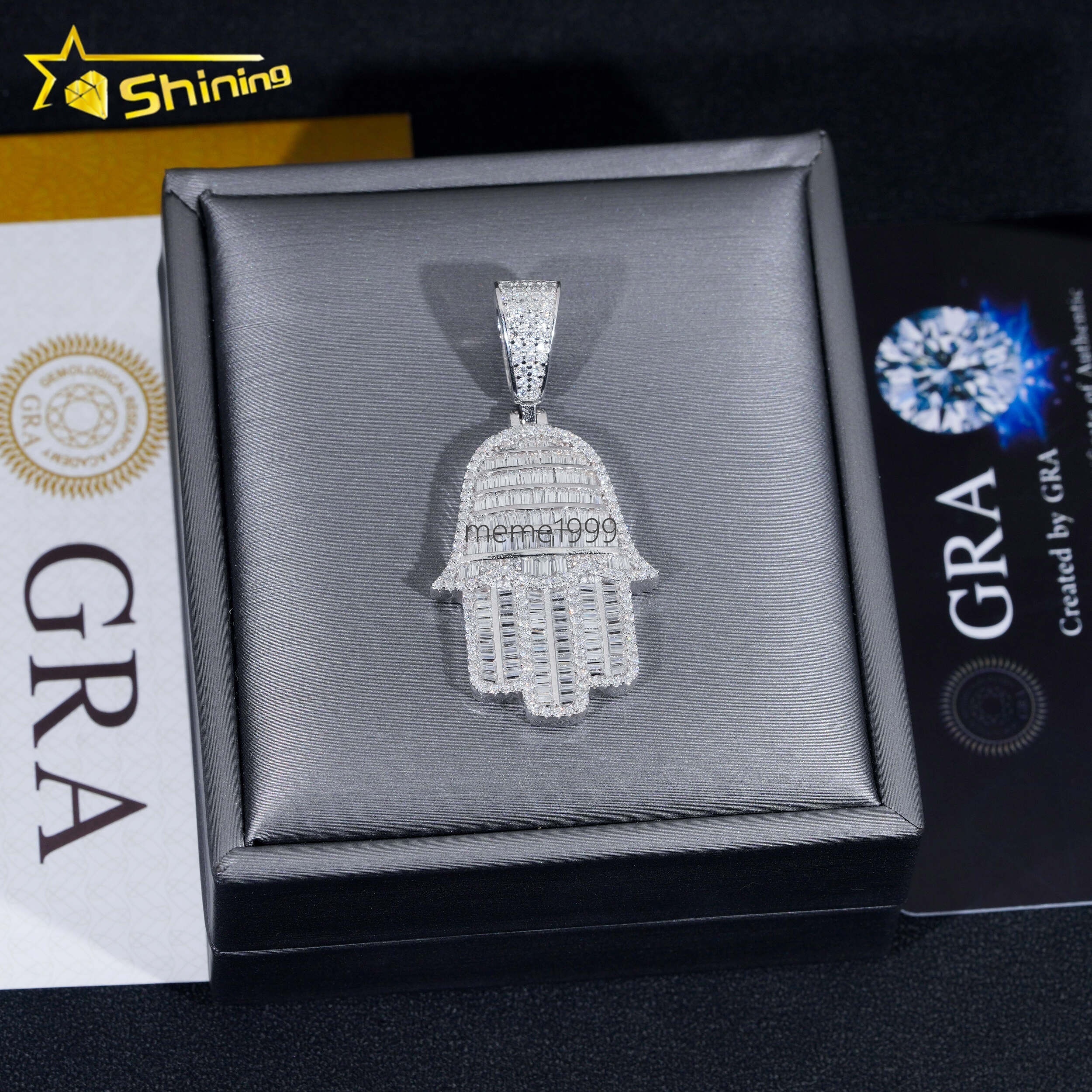 Pass Diamond Tester Hip Hop Jewelry 925 Sterling Silver Gold Plated Iced Out VVS Baguette Custom Moissanite Pendant Hamsa