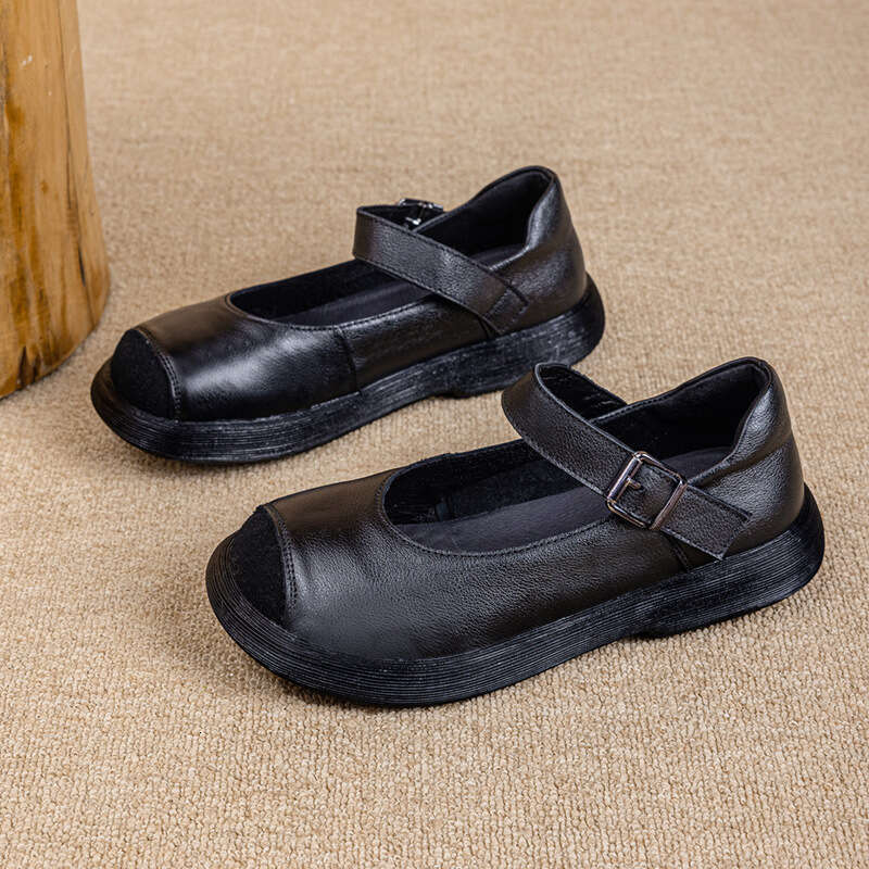 2025 New Summer Autumn Forest Style Top Layer Cowhide Round Toe Women Versatile Genuine Leather Matching Dress Mom Single Shoes