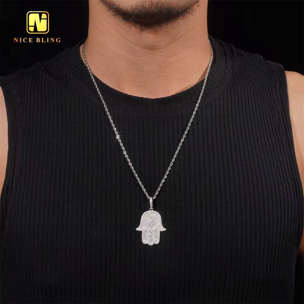 Lucky Hamsa Hand Pendant Silver Plated Custom Iced Out Fashion Hip Hop Jewelry 925 Silver VVS Moissanite Diamond Pendant Chain