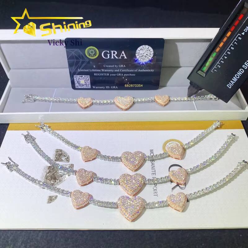 New Design Fine Jewelry Pass Diamond Tester 925 Sterling Silver Two Tones Heart Shape Moissanite Tennis Bracelet