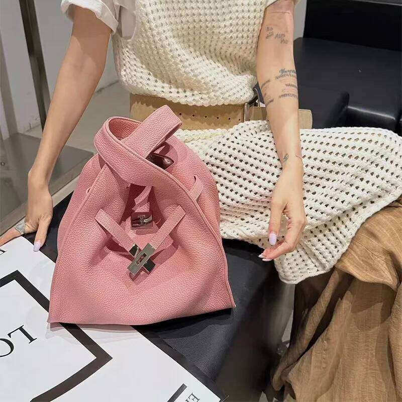 Brand Cowhide Basket Women Tote Garbage Hand-Held Buckle Design Shoulder Underarm Bucket Soft Leather Bag