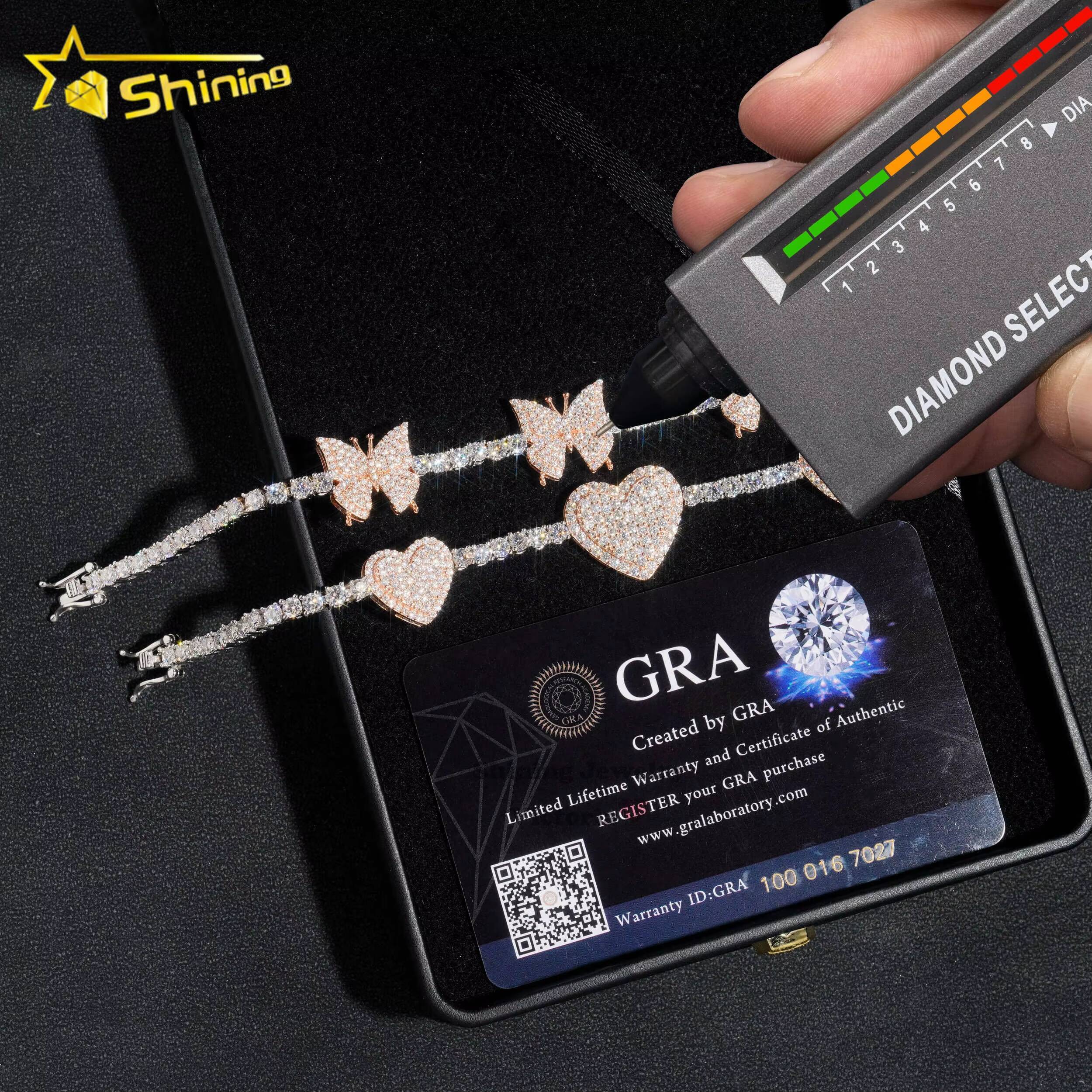 New Arrival 3mm Charm Bracelet 925 Silvert 14k Gold Vvs Moissanite Diamond butterfly and Heart Tennis Bracelet for Women Men