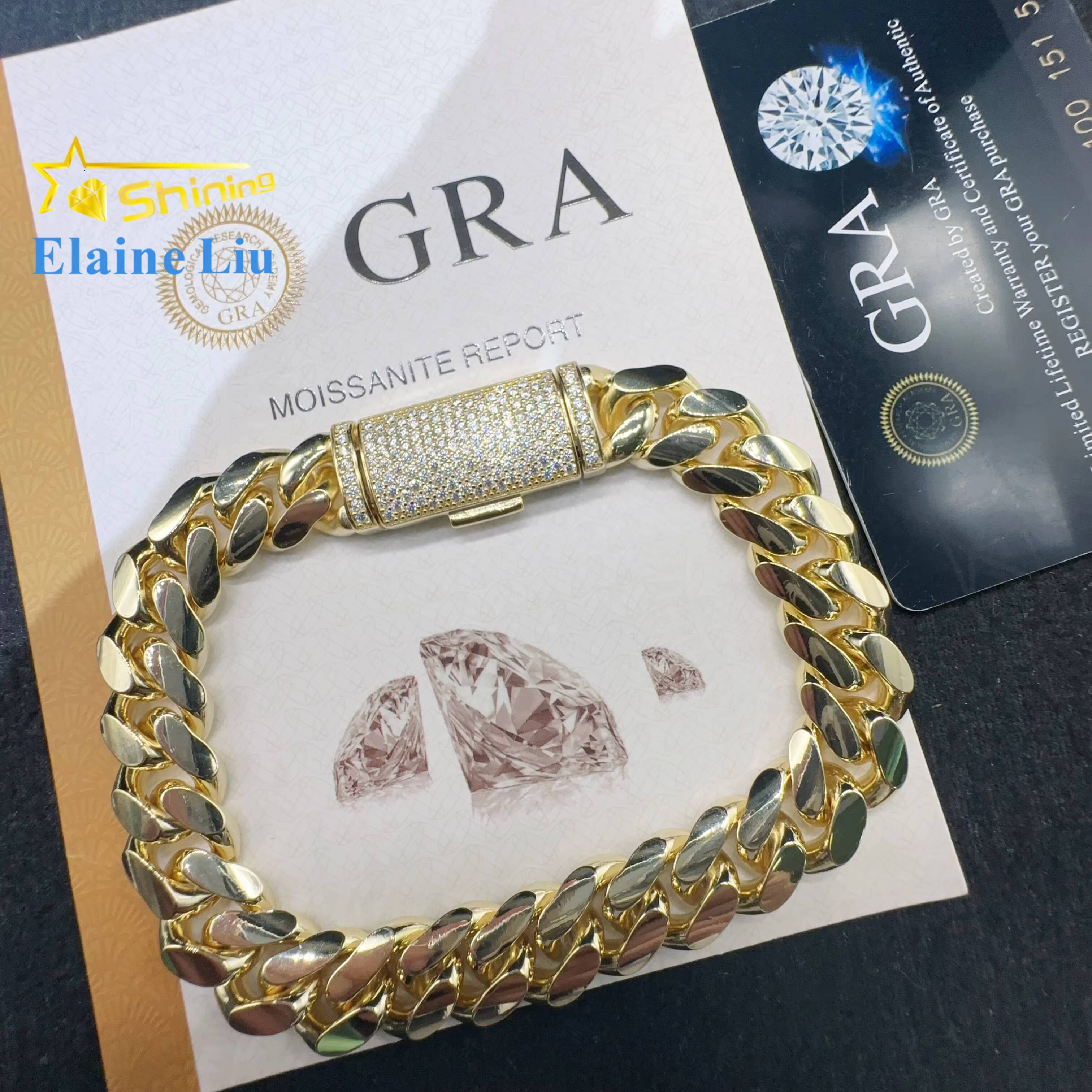 Fashion Sterling Silver 925 VVS Moissanite Lab Diamond Clasp Hip Hop Jewelry 14K Real Gold Plated Cuban Link Chain Bracelet