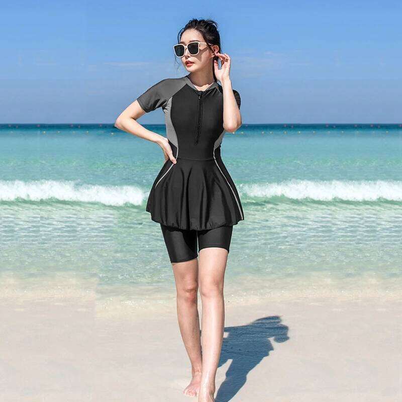 Tunic Split Swimwear Women Two Piece Summer Short Sleeve Swimsuit Vocation Beachwear Modest Bathing Zipper Surfing Suit