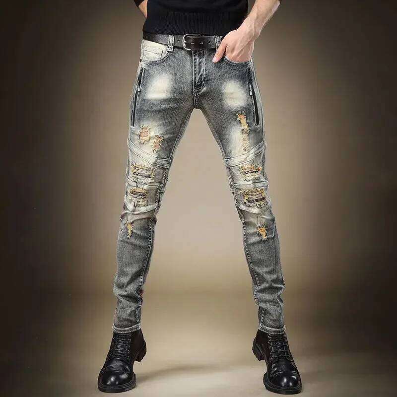 Broken Man Cowboy Pants with Holes Ripped Pockets Torn Tapered Jeans for Men Trousers Classic High Quality 2024 Trend Stacked Xs
