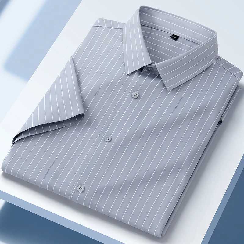 New in shirt summer short sleeve shirts for men slim fit formal plain shirt soft office striped top wrinkle free elastic clothes Y250819