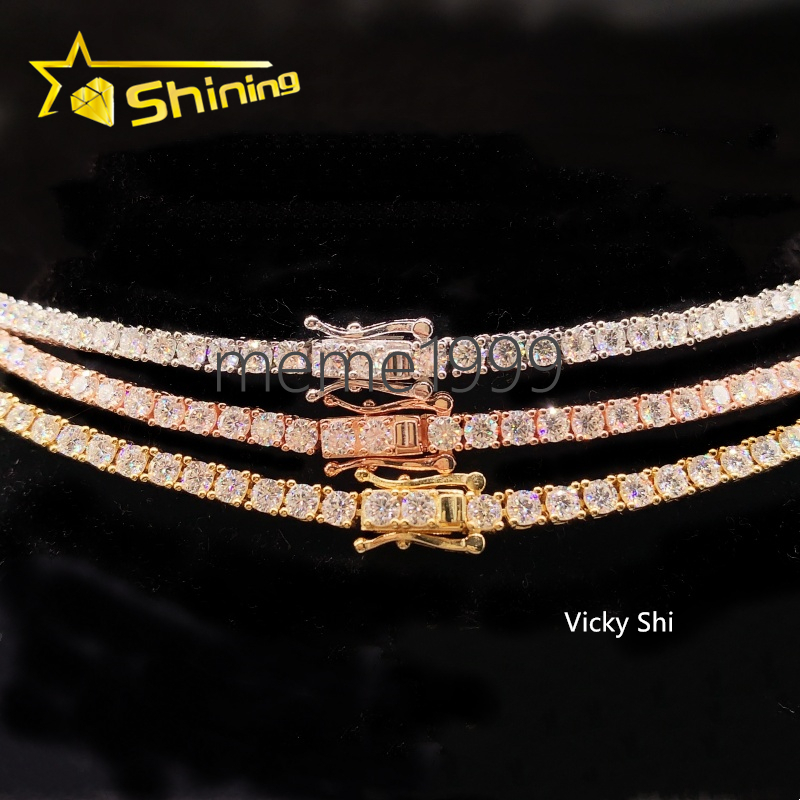 Fast Shipping Hip Hop Iced Out 3mm Moissanite Tennis Chain Men Women 925 Silver Moissanite Tennis Necklace GRA Certificated
