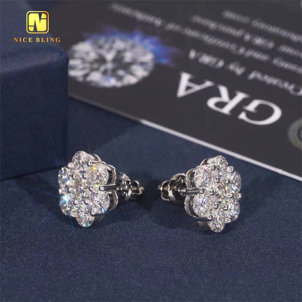 Pass Diamond Tester Cluster Screw Back Ear Studs 12mm Iced Out Hip Hop Jewelry 925 Silver VVS Moissanite Stud Earring for Women