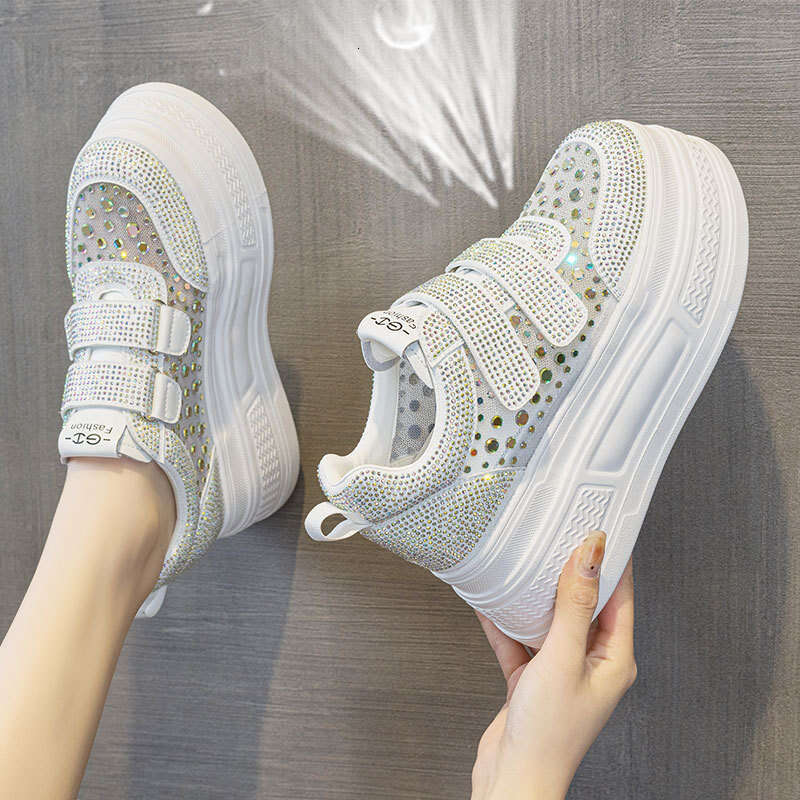 6cm Thick Sole Rhinestone White Sneakers for Women New Style Height Increasing Platform Sports Casual Fashion Versatile Mesh Shoes