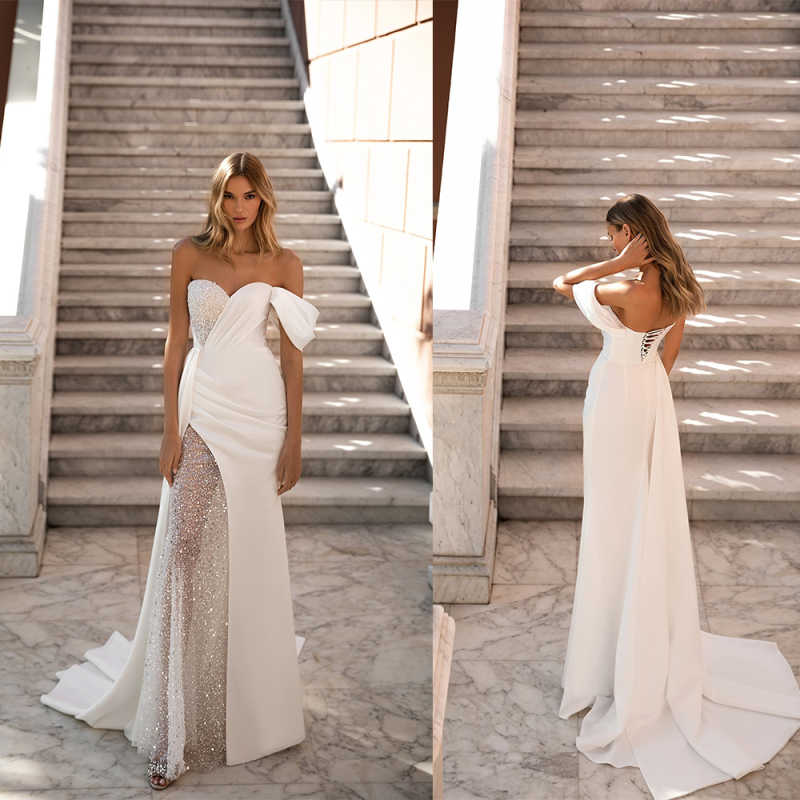 Simple Mermaid Wedding Dresses Off Shoulder Beaded Sequins Sleeveless Bride Dress Illusion Sweep Train Bridal Dress Customized