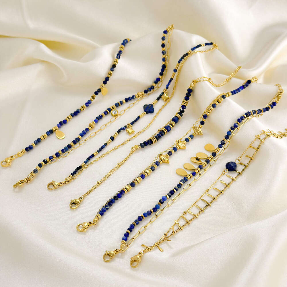 Ins Style Designer Lapis Lazuli French Design Natural Stone Bracelet Stainless Steel Gold-Plated Jewelry
