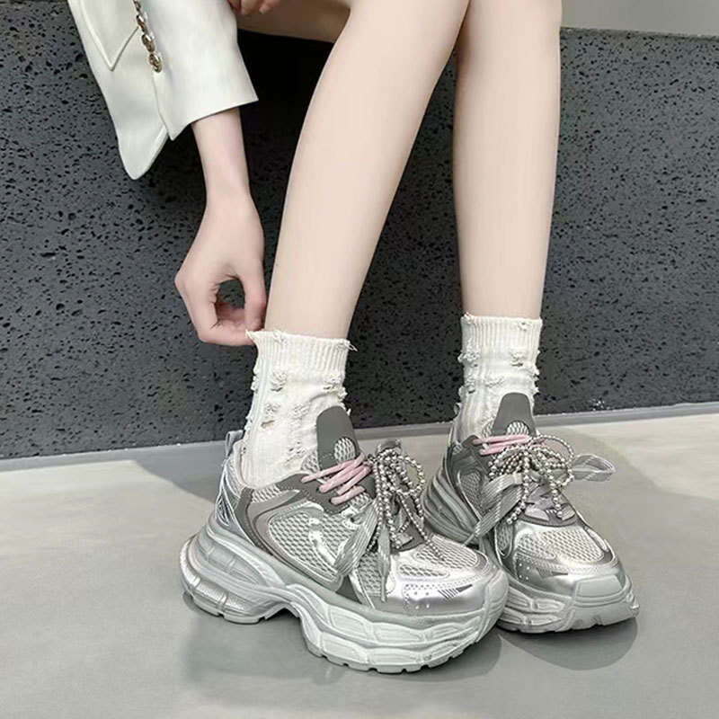 2025 Summer Autumn New Pearl Double Lace Genuine Leather 6CM Dad Shoes for Women Breathable Thick Sole Casual Sneakers