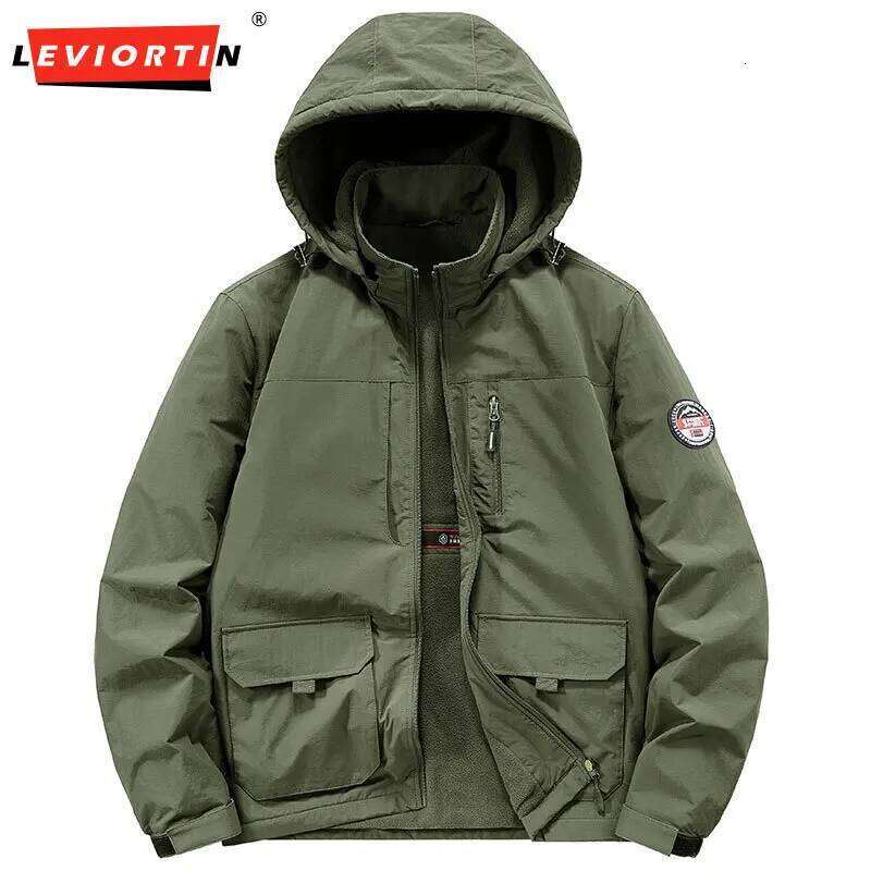 Men's Fleece-Lined Work Jacket Autumn Winter Windproof Thickened Casual Outwear Coat with Hood Outdoor Sport Cotton Parka Coats