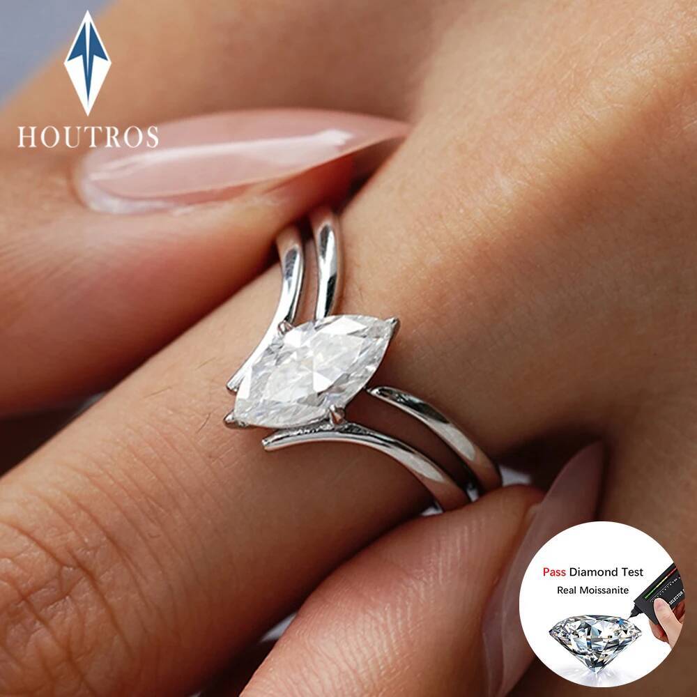 5x10mm Marquise Cut Moissanite Engagement Ring for Women V Shape Prong Ring Set Wedding Bands 925 Sterling Silver Jewelry Gift