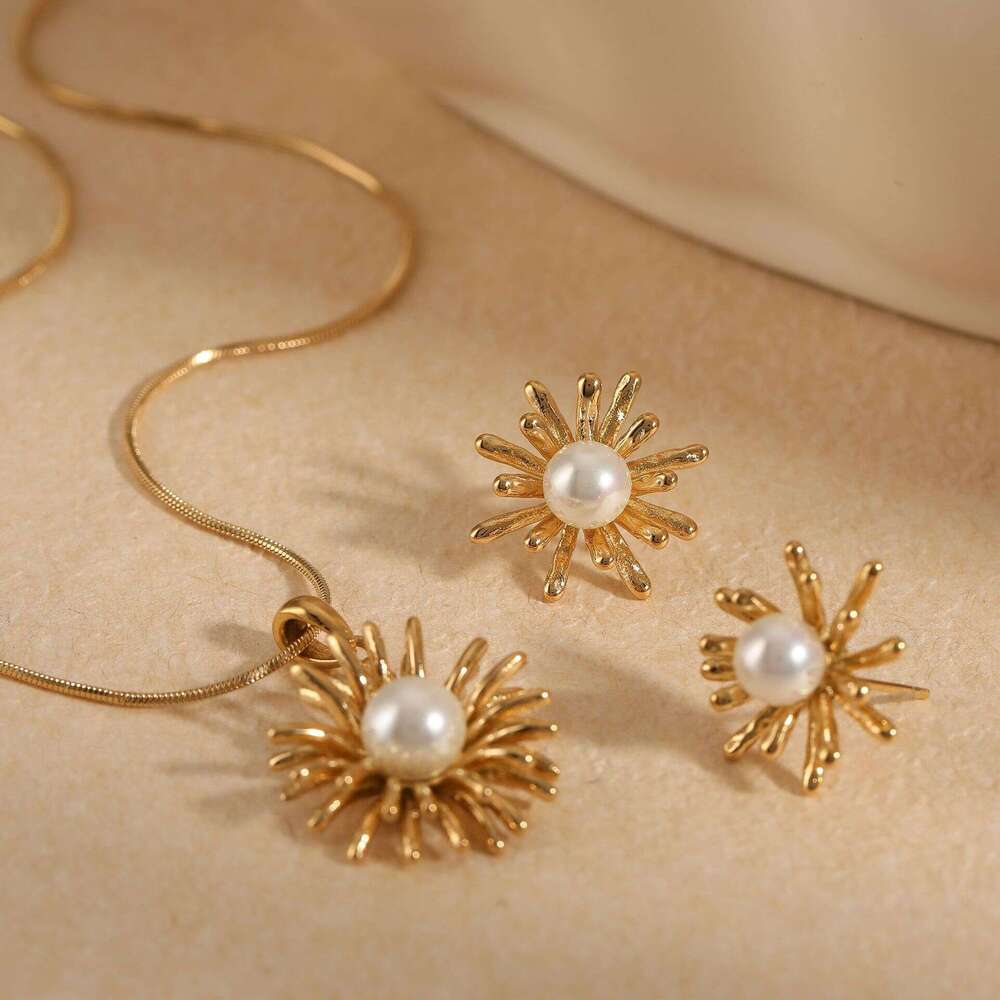 Stainless Steel Fireworks Style Designer Earrings Necklace Gentle French High-Quality Light Pearl Jewelry Set