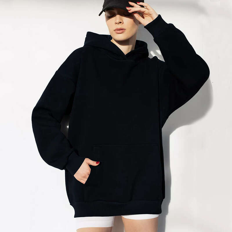 Women's Solid Color Long Sleeve Pocket Hooded Pullover Sweatshirt Loose Casual Sports Shirt
