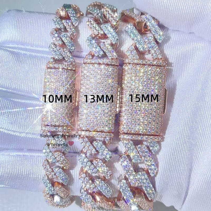 Hip Hop Iced Out 10mm 13mm 15mm Rose Godl 2 Tone Vvs Moissanite Cuban Bracelet
