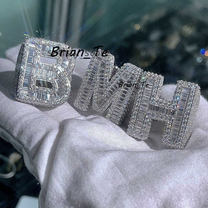 Wholesale VVS Moissanite Diamond Hip Hop Ring Letter Baguette Cut 925 Silver Hip Hop Jewelry Custom Initial Letter Rings