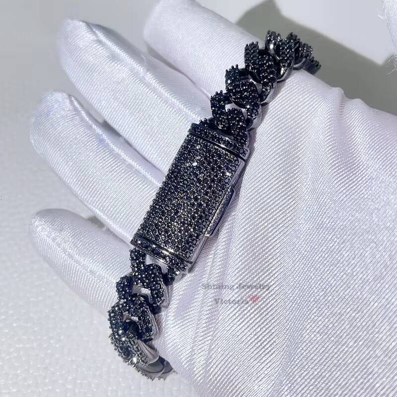 Guangzhou Shining Jewelry Black Gold Sterling Silver 13MM Iced Out Black Moissanite Cuban Bracelet