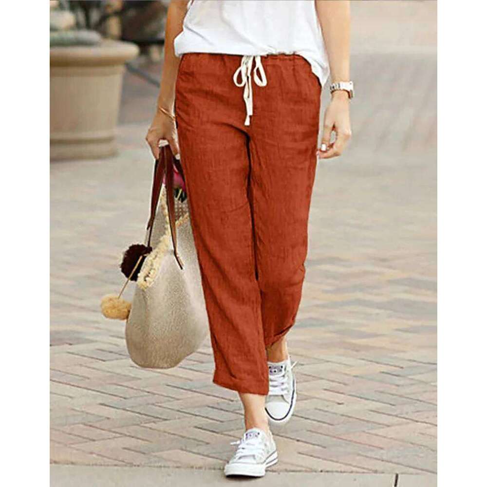 Elegant Solid Slimple Pant Fashion Women Drawstring Cropped Elastic Waist Straight Pants Casual Office Lady Communte Trousers