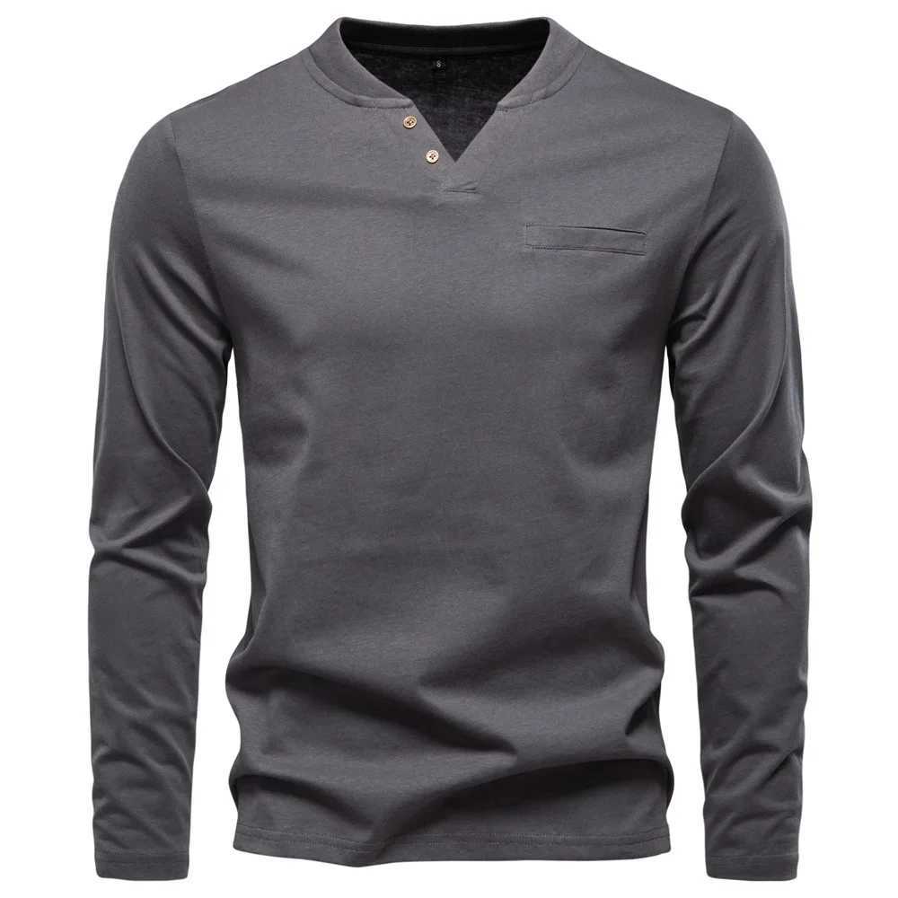 New Autumn 100% Cotton Mens T-shirt Henley T Shirt Men Casual Solid Color Long Sleeve Fake Pocket Fashion T-shirts for Men Y250819