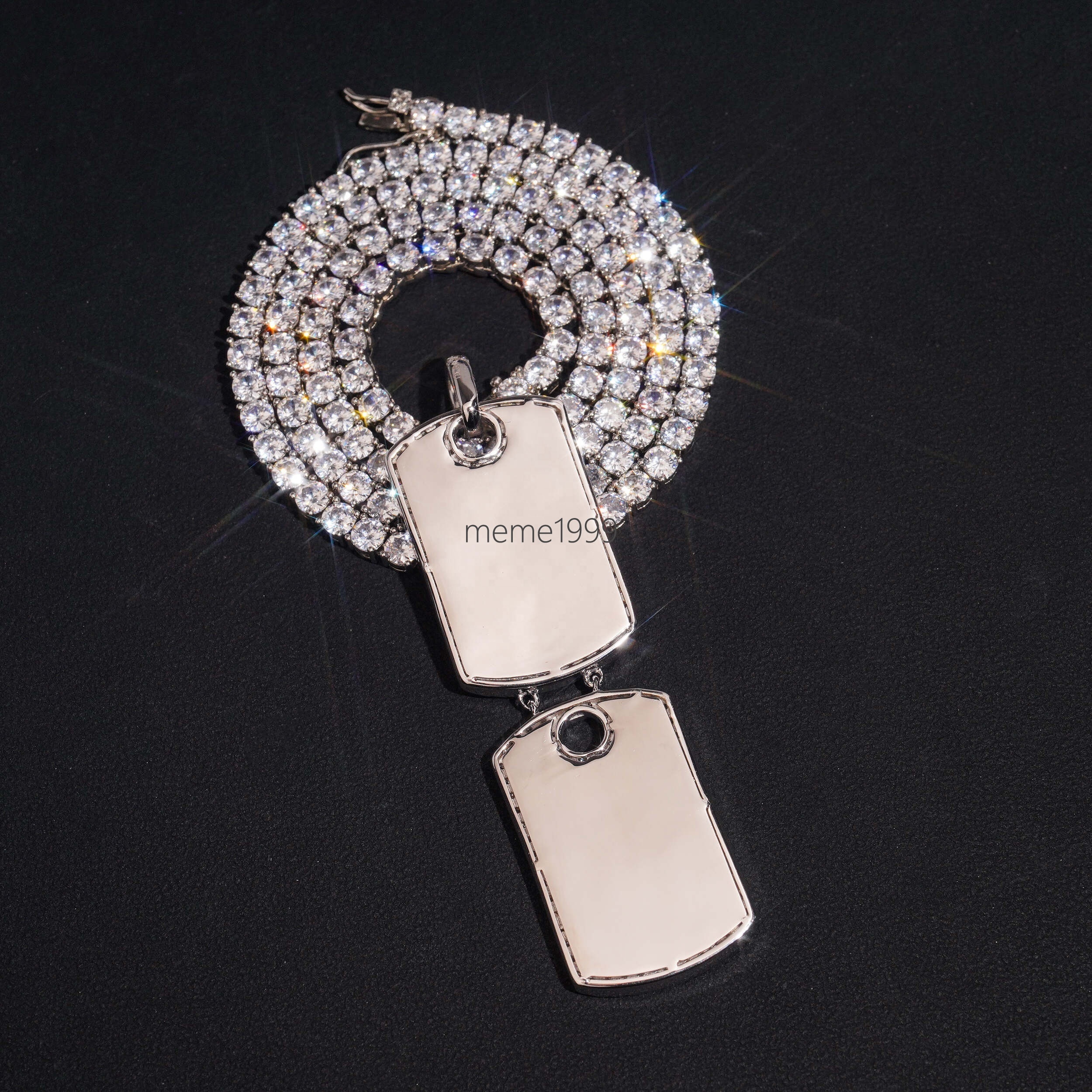 White Gold VVS Moissanite Diamond Double Dog Tag Pendant Match 4MM Tennis Chain Necklace