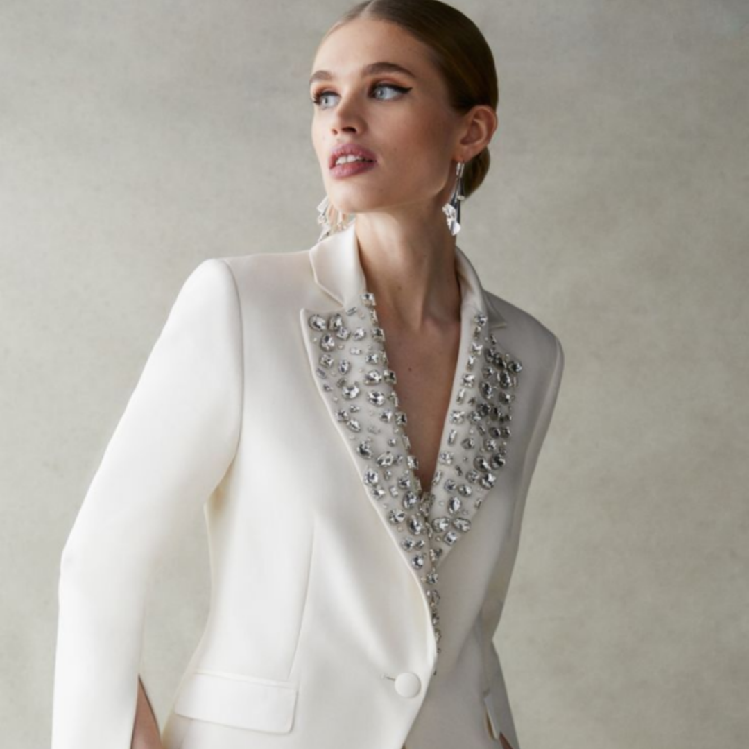 Luxurious Customized 2 Pieces Women Suits One Button Split Sleeve Pants Blazers Crystals Wedding Party Wear