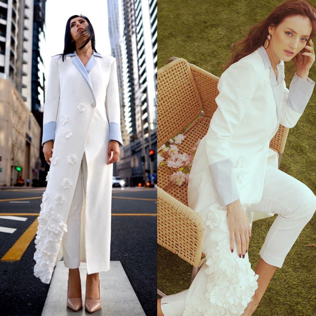 Elegant 2 Pieces Women Suits One Button 3D Flowers Long Coat Office Ladies Work Loose Fit Wedding Party Wear