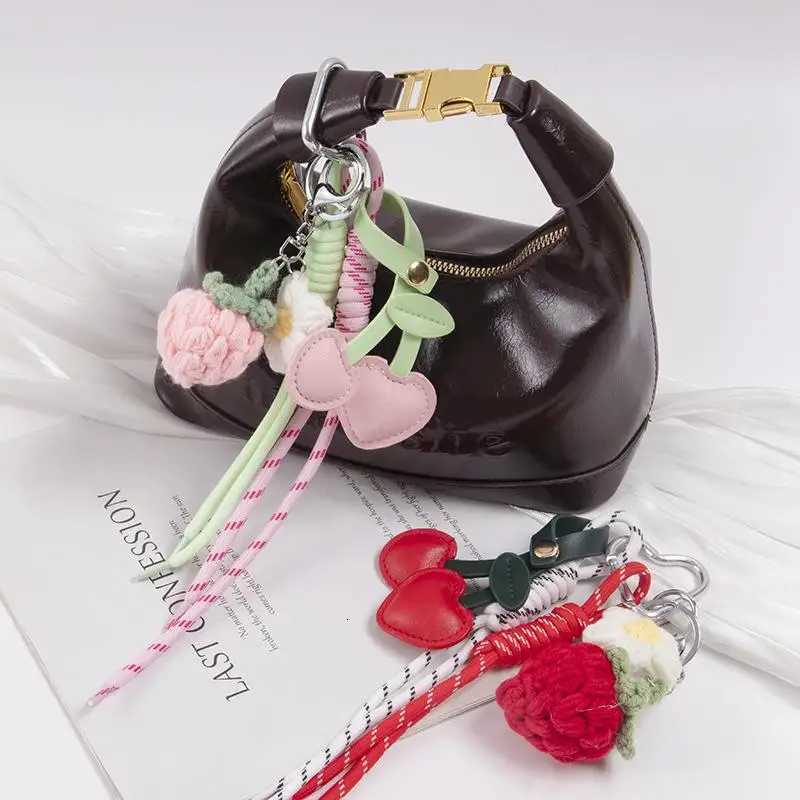 1 Piece PU Cherry Knitted Sterry Fruit Pendant Weaving Rope Keychain Gifts Bag Charm Keyring Decoration XJ250820