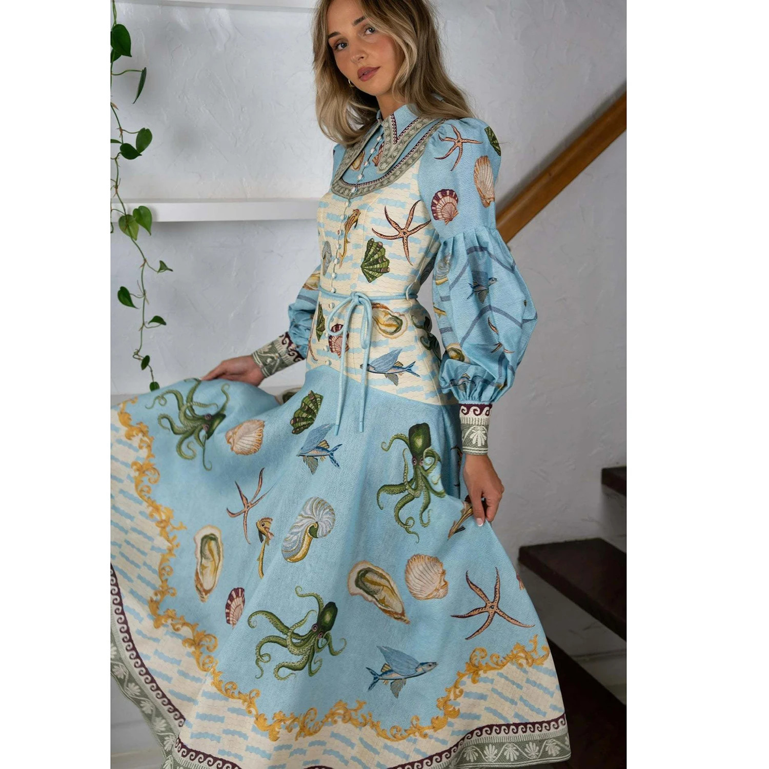 Women Vintage Floral Print Shirt Collar Puff Sleeve Single Breasted Spring Summer Long A Line Cotton Linen Dress 250820