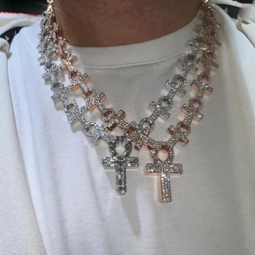Hip Hop Rock Style Rapper Fashion Jewelry Personalized Custom Ankh Necklace Iced Out Moissanite Cross Pendant Cuban Chain