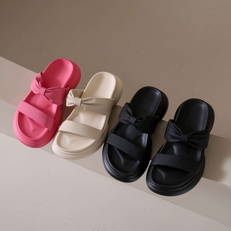 2023 Designer Bowknot Pink Open-Toe Thick-Soled Slippers for Women Fashionable Beach Sandals Summer