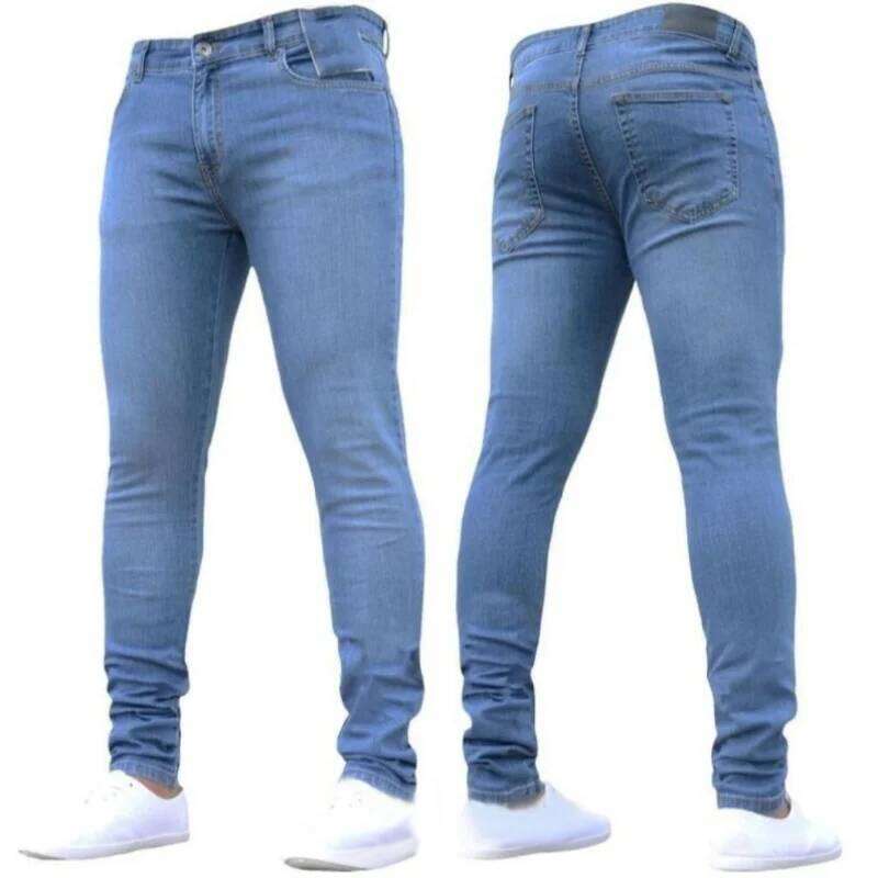 2024 Solid Color Fashion Casual Pants Stretch Skinny Work Trousers Male Wash Slim Fit for Zippered Jeans Men Clothing