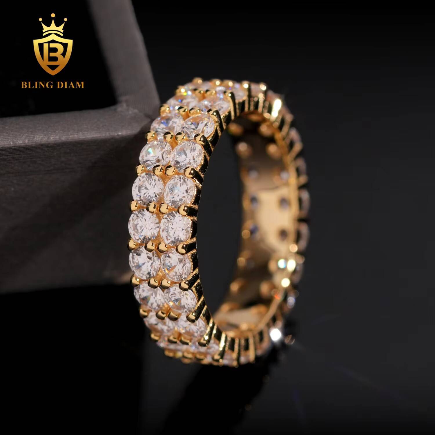 New Fashion S925 Sterling Silver Two Rows Gold Luxury Diamond Ring Set with VVS Moissanite Men Ring