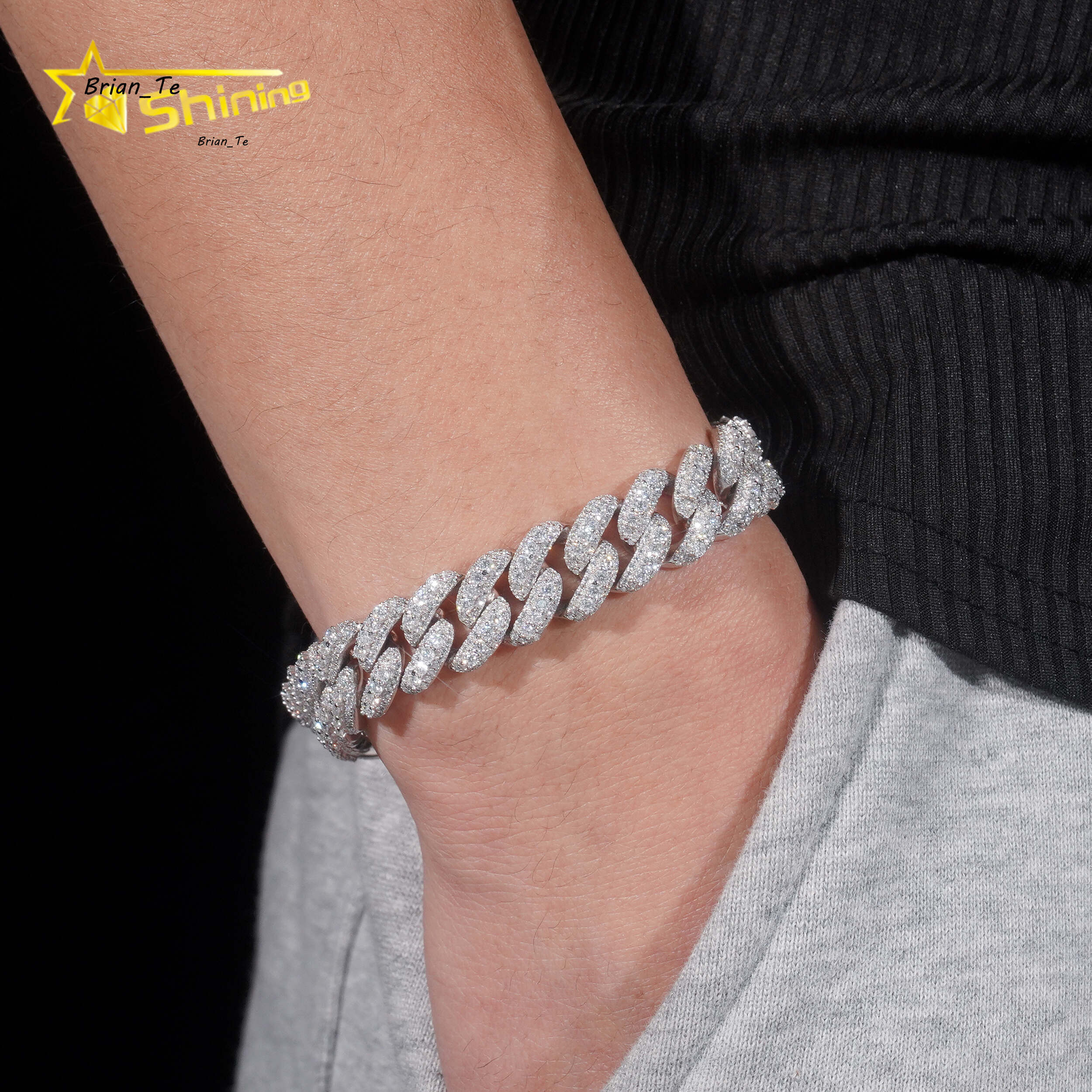 Hip Hop GRA Certificate 13MM Moon Shape Moissanite Cuban Link Bracelet Custom 925 Bracelet Sterling Silver for Men Fine Jewelry