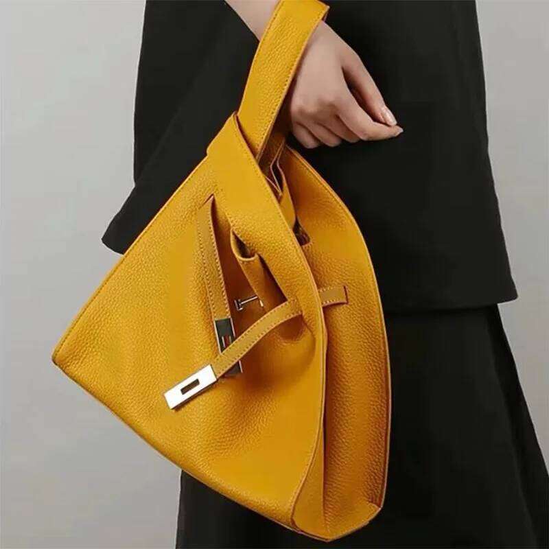 Brand Cowhide Basket Women Tote Garbage Hand-Held Buckle Design Shoulder Underarm Bucket Soft Leather Bag