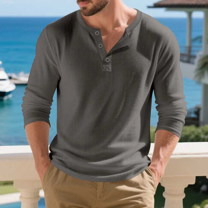 Stylish Mens Long Sleeve Henley Shirts Spring Autumn Daily Casual Solid Color Pullover Tops Mens Fashion Texture Ribbed T Shirt Y250819