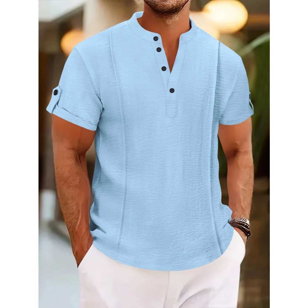 Mens summer new style standing collar short-sLeeved Shirts double button front casual outdoor beach wind solid color Tops Y250819