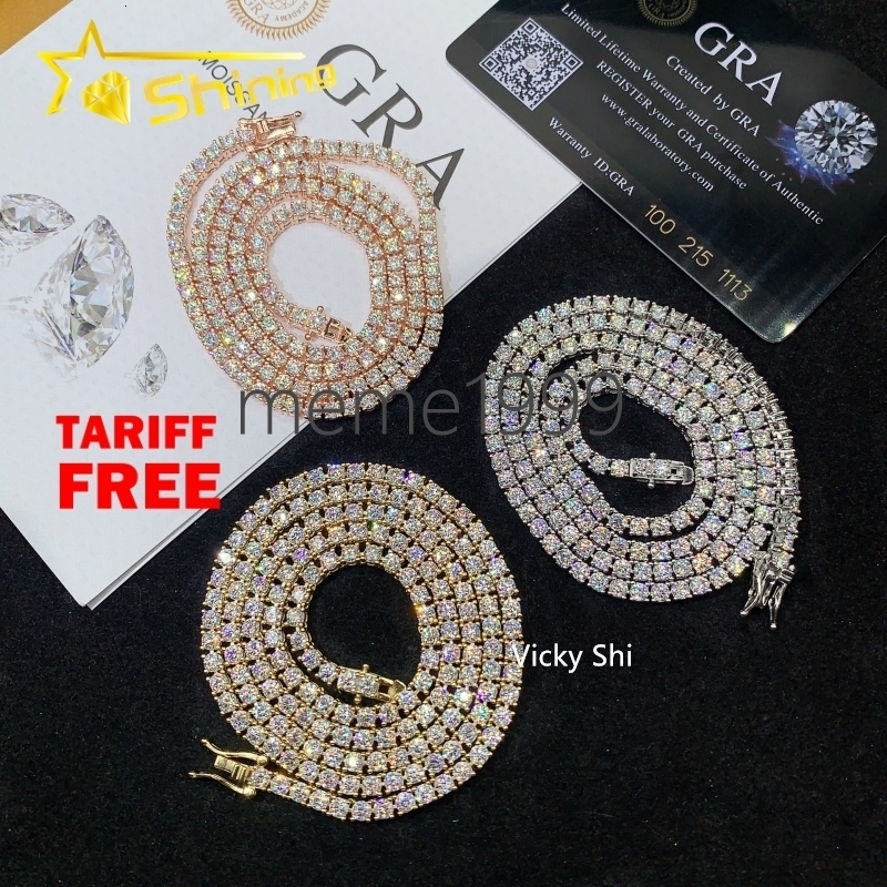 Fast Shipping Hip Hop Iced Out 3mm Moissanite Tennis Chain Men Women 925 Silver Moissanite Tennis Necklace GRA Certificated