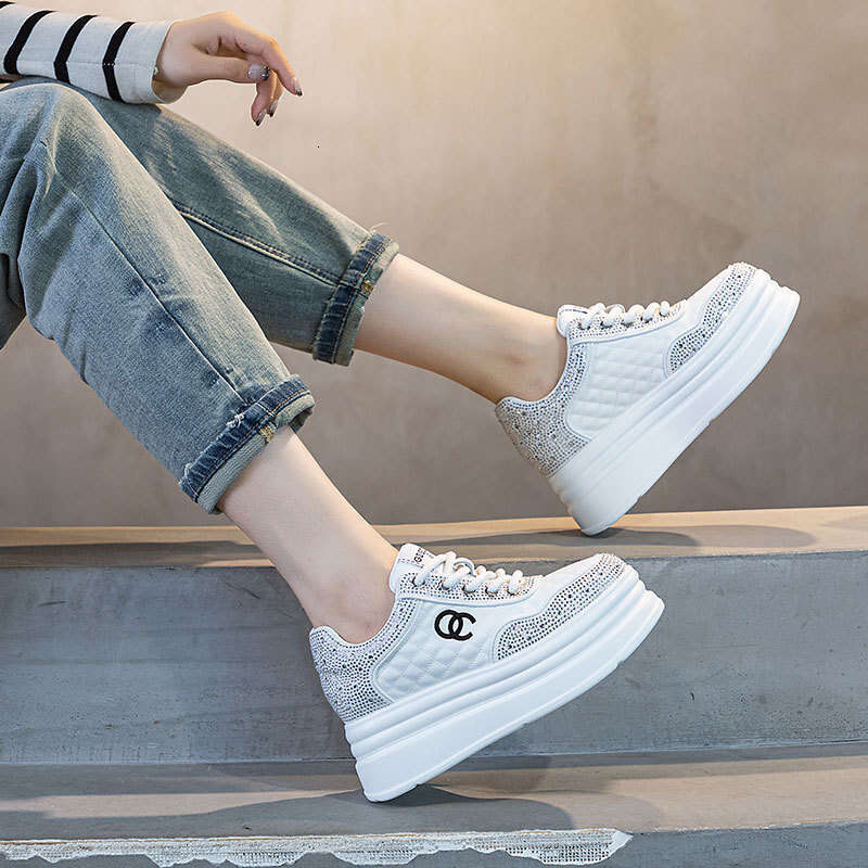 New Spring and Autumn Sneakers 7CM Height Increase Thick Sole Long-Leg Effect Versatile Women's Genuine Leather Rhinestone Internet Celebrity Whi