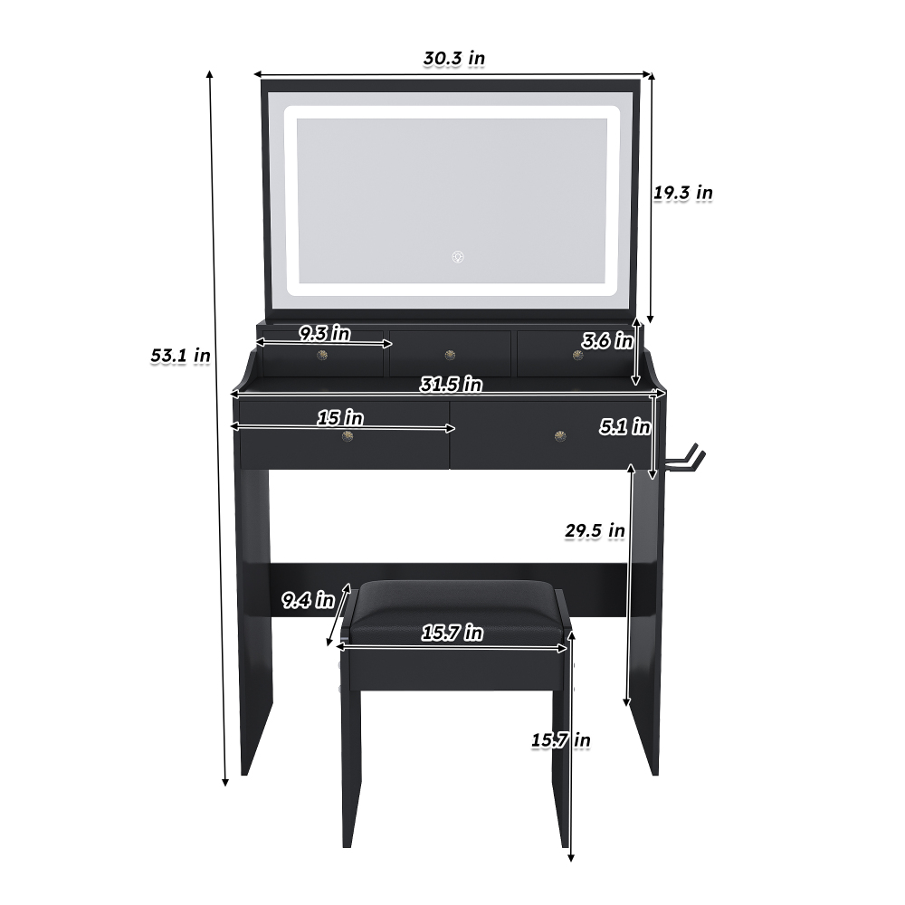 Mirror Vanity Desk for Bed room Modern Makeup Vanity Set with Power Outlet and Hair dryer holder 5 Drawers 3 Lighting Color Adjustable Dressing Table 