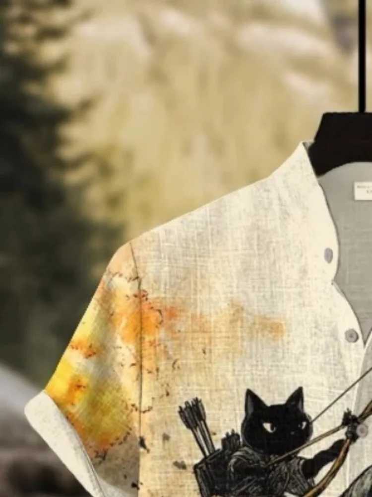 Mens Black Cat Riding A Dinosaur Shirt Shooting Arrows Away From Explosion Calligraphy Art Print Casual Japanese Retro Clothes Y250819