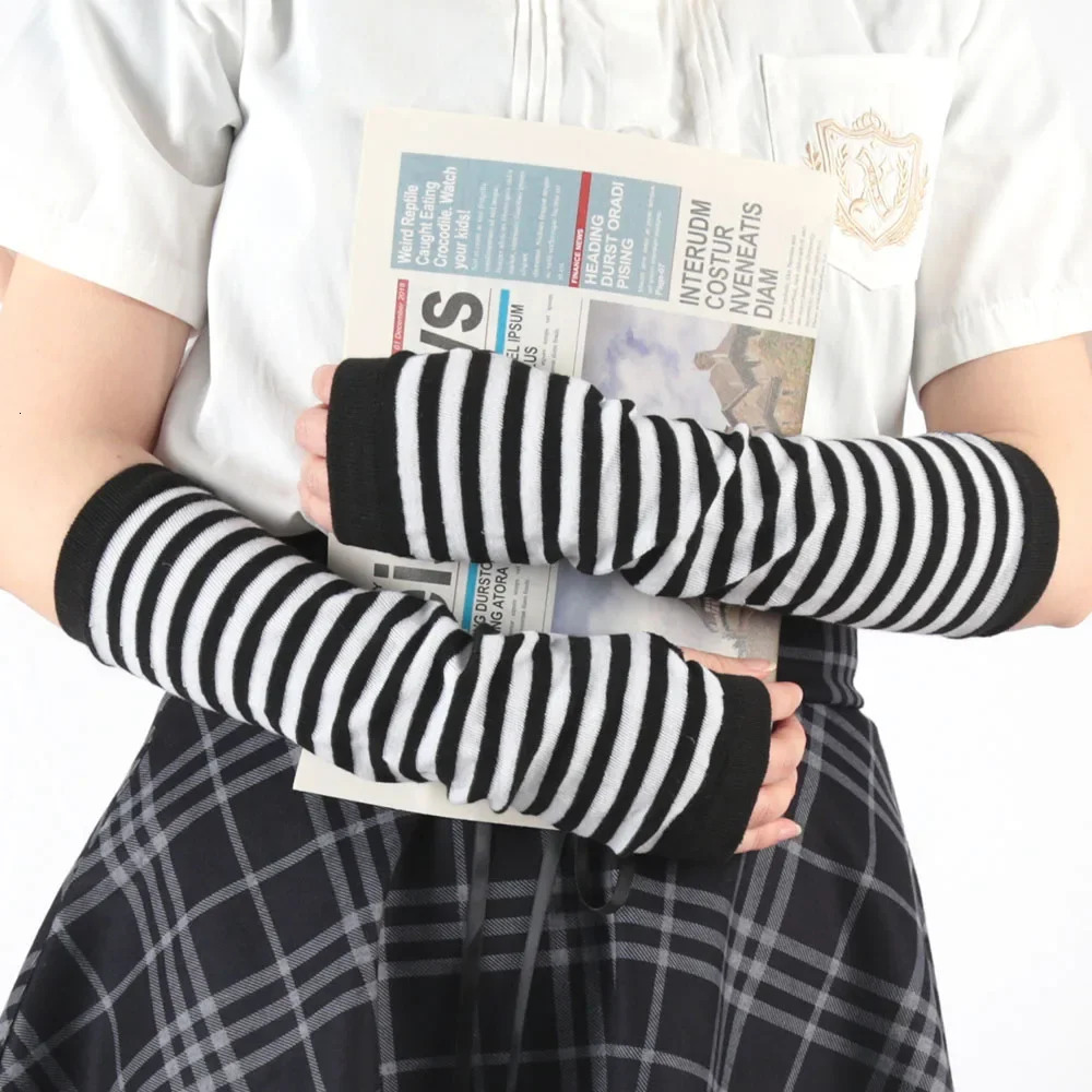 Women Winter Warm Long Sleeves Gloves Fingerless Stripe Hiphop Knitted Elbow Mittens Elastic Outdoor Warmer Arm Halloween 250811