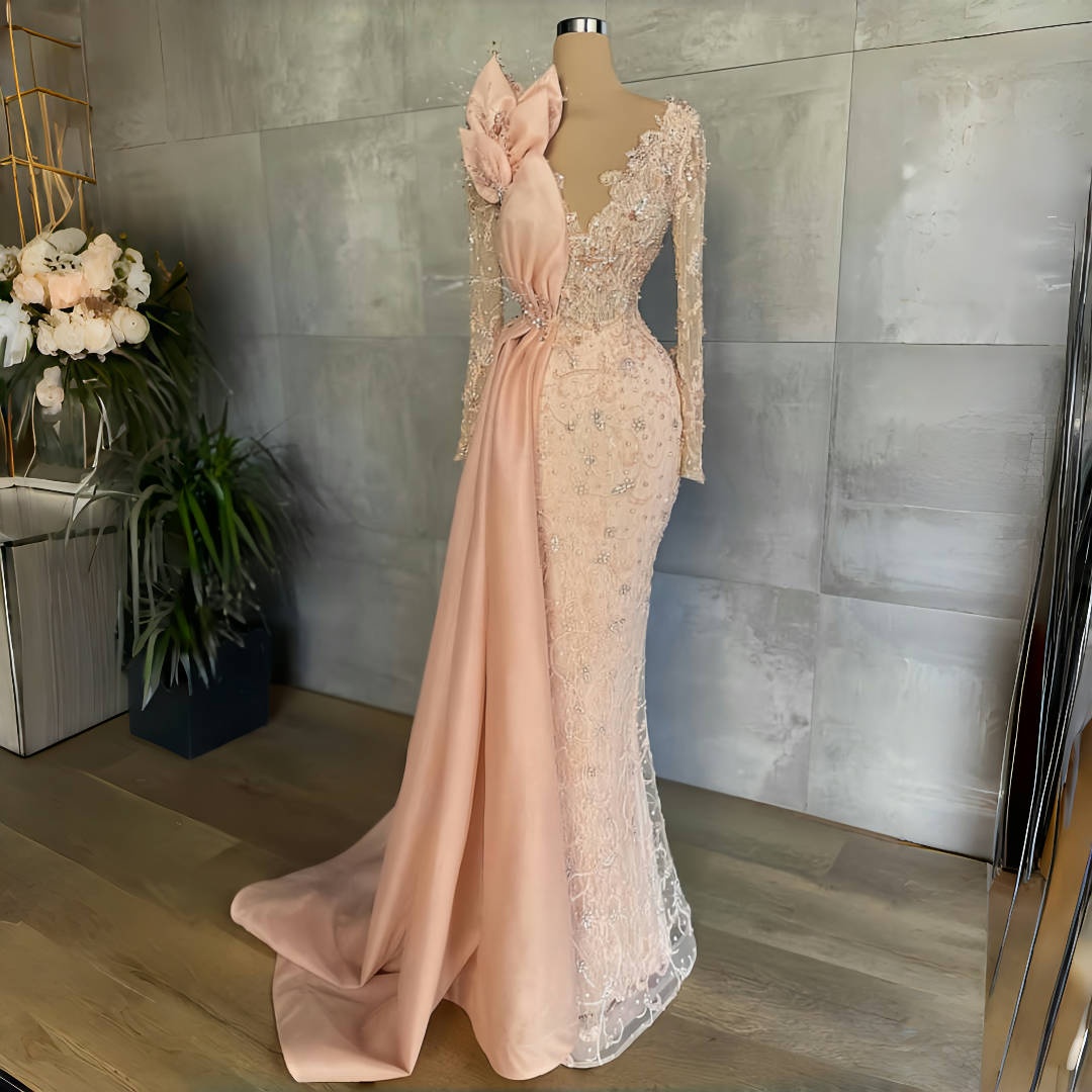 Elegant Long Sleeves Mermaid Evening Dresses Lace Appliques Tailing Party Dresses Crystal Beadeds Formal Occasion Gowns Custom Made