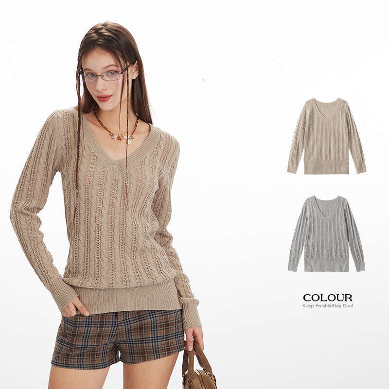 Heyhenry Autumn Winter Knitted V-Neck Top High-End Lazy Style Pullover Sweater For Women Cable Knit B5