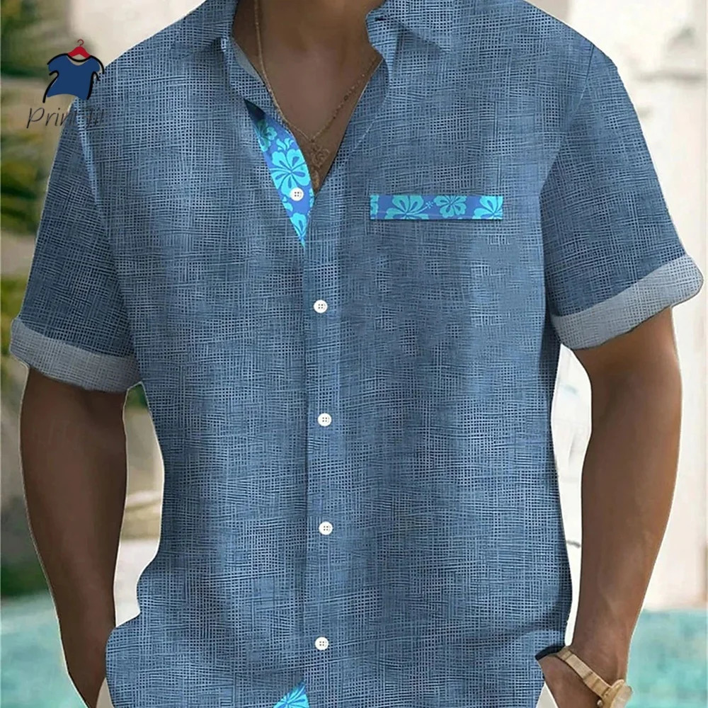 Ethnic Style Mens Color Blocked 3D Printed Button Neck Short Sleeved Shirt Highquality Hawaiian Beach Top Hemd Herren 250808